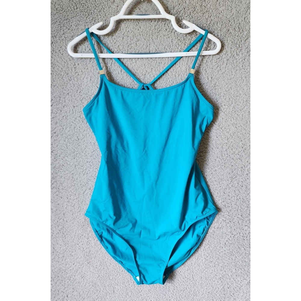 Calvin Klein One Piece Swimsuit Womens XS Teal Blue Cross Back Gold Logo Accent